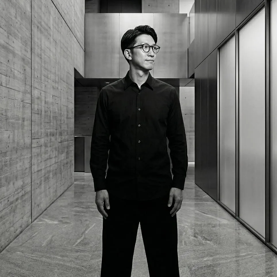 Man in glasses and a black shirt standing in a concrete and metal corridor