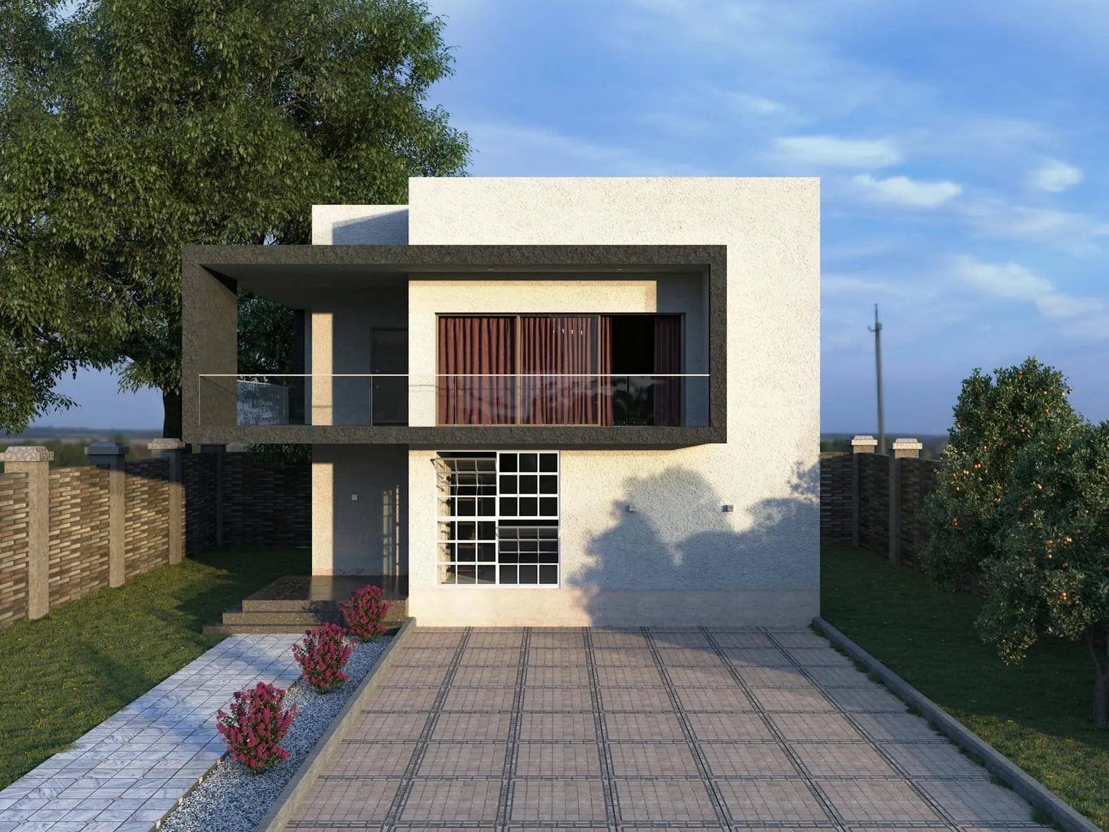 Modern two-storey house with a dark frame and a paved courtyard