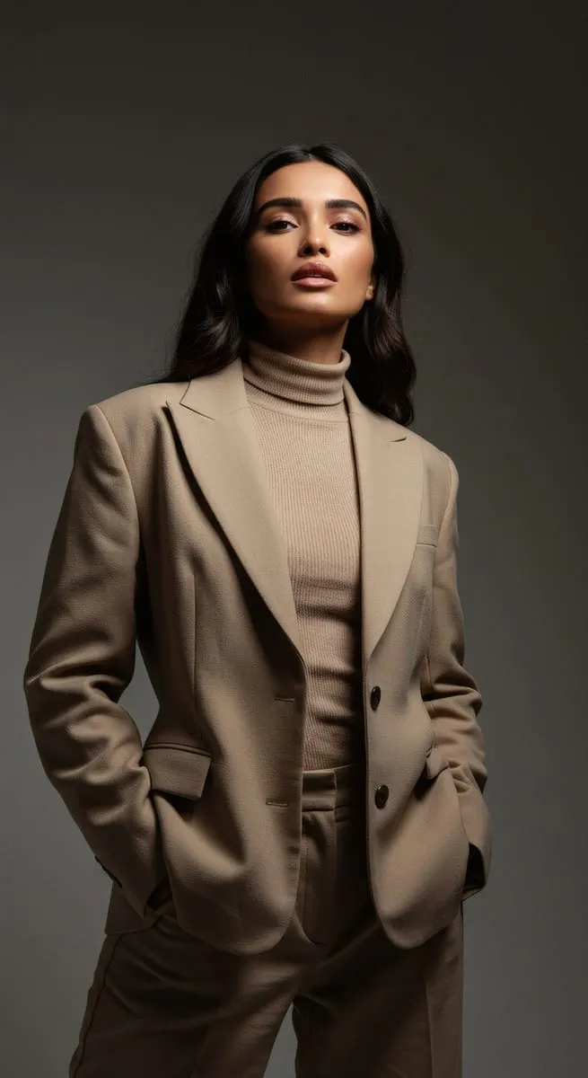 Woman in a beige blazer and matching turtleneck against a dark background