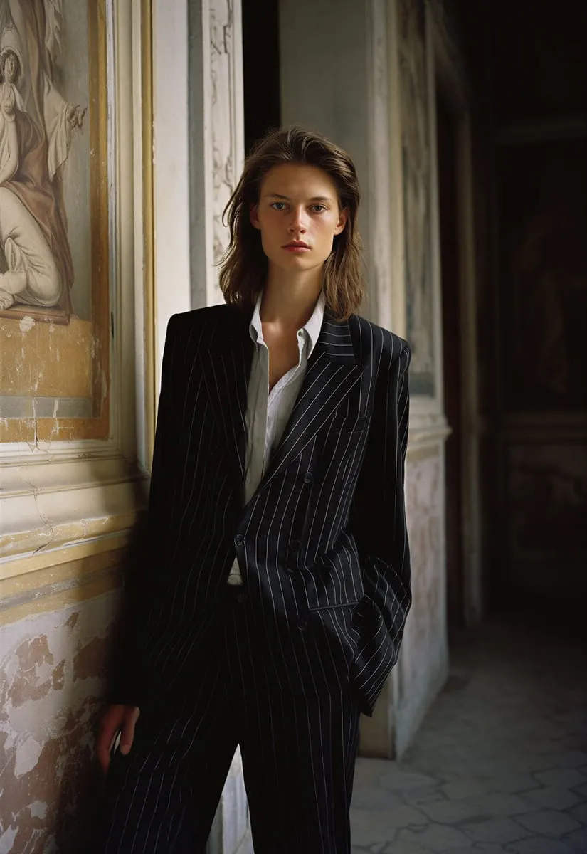 Woman in a black pinstripe suit standing against an ornate wall